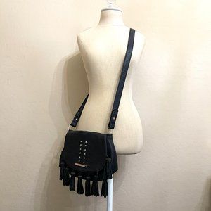 Steve Madden Bag Black Fringe Gold Logo Stud Flap Crossbody Shoulder Bag Purse